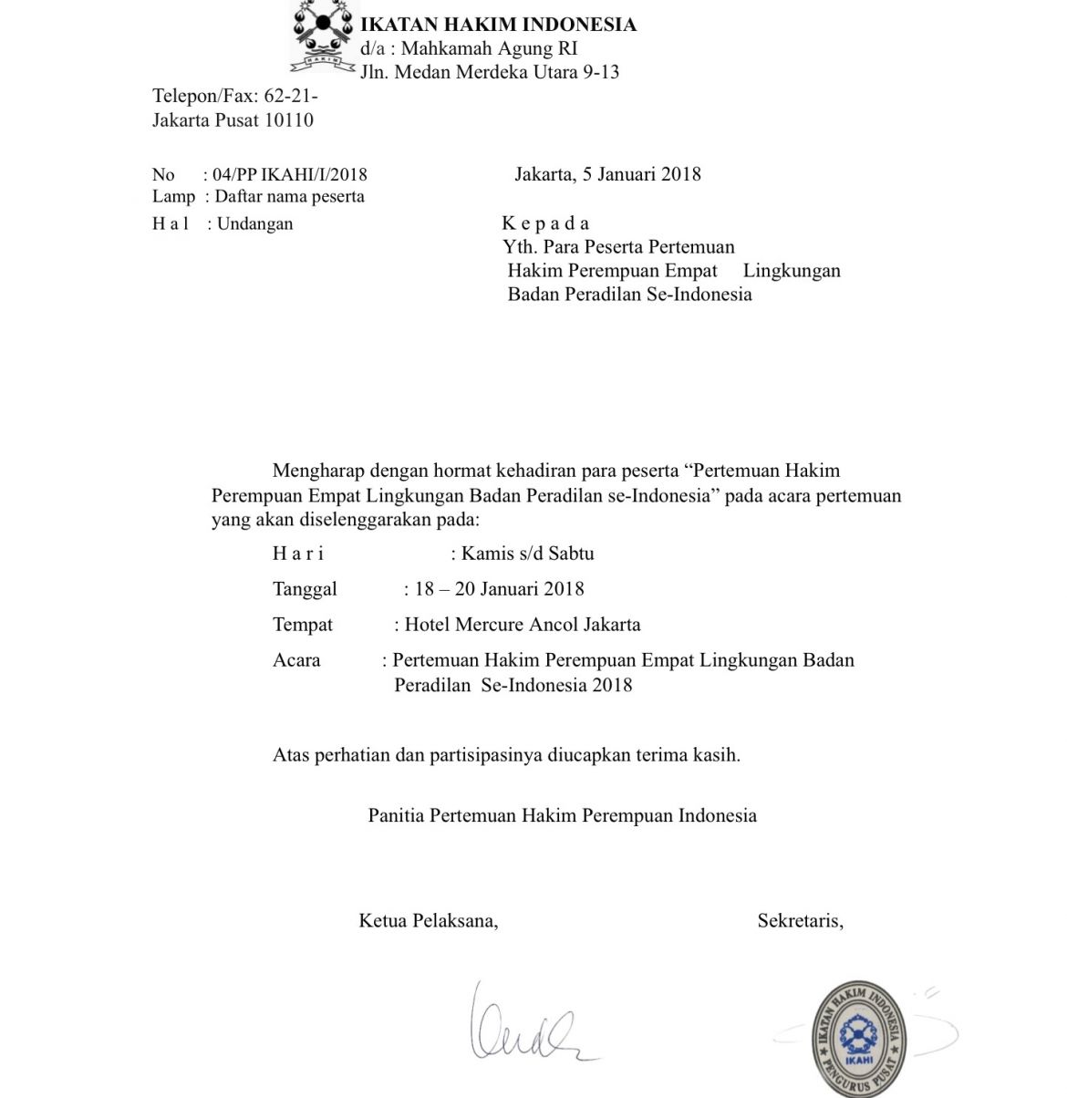 Undangan Pertemuan Hakim Perempuan Empat Lingkungan Peradilan